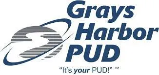 Logo for Grays Harbor PUD with a stylized river and text in blue. The tagline is “It’s your PUD!”.