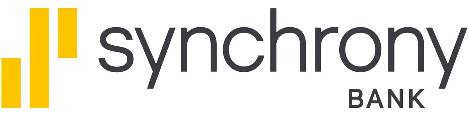 Synchrony Bank logo with yellow vertical bars and dark grey text.