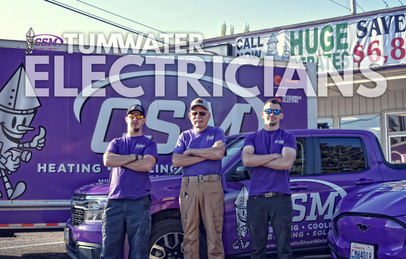 Three electricians in purple shirts and hats with arms crossed in front of a purple truck and building.