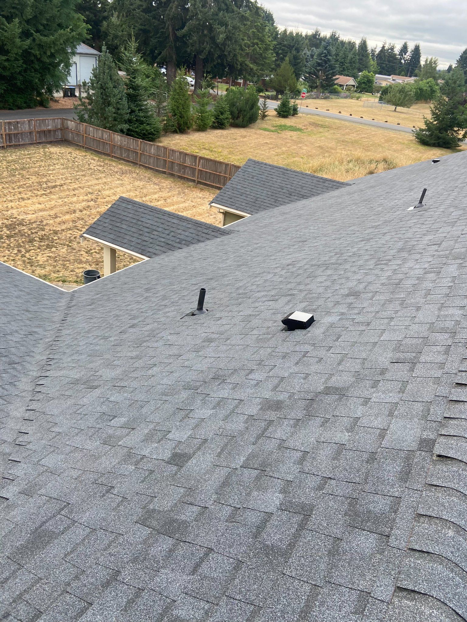 View of a dark gray shingle roof with vents. In the background, there's a yard with a fence and trees.