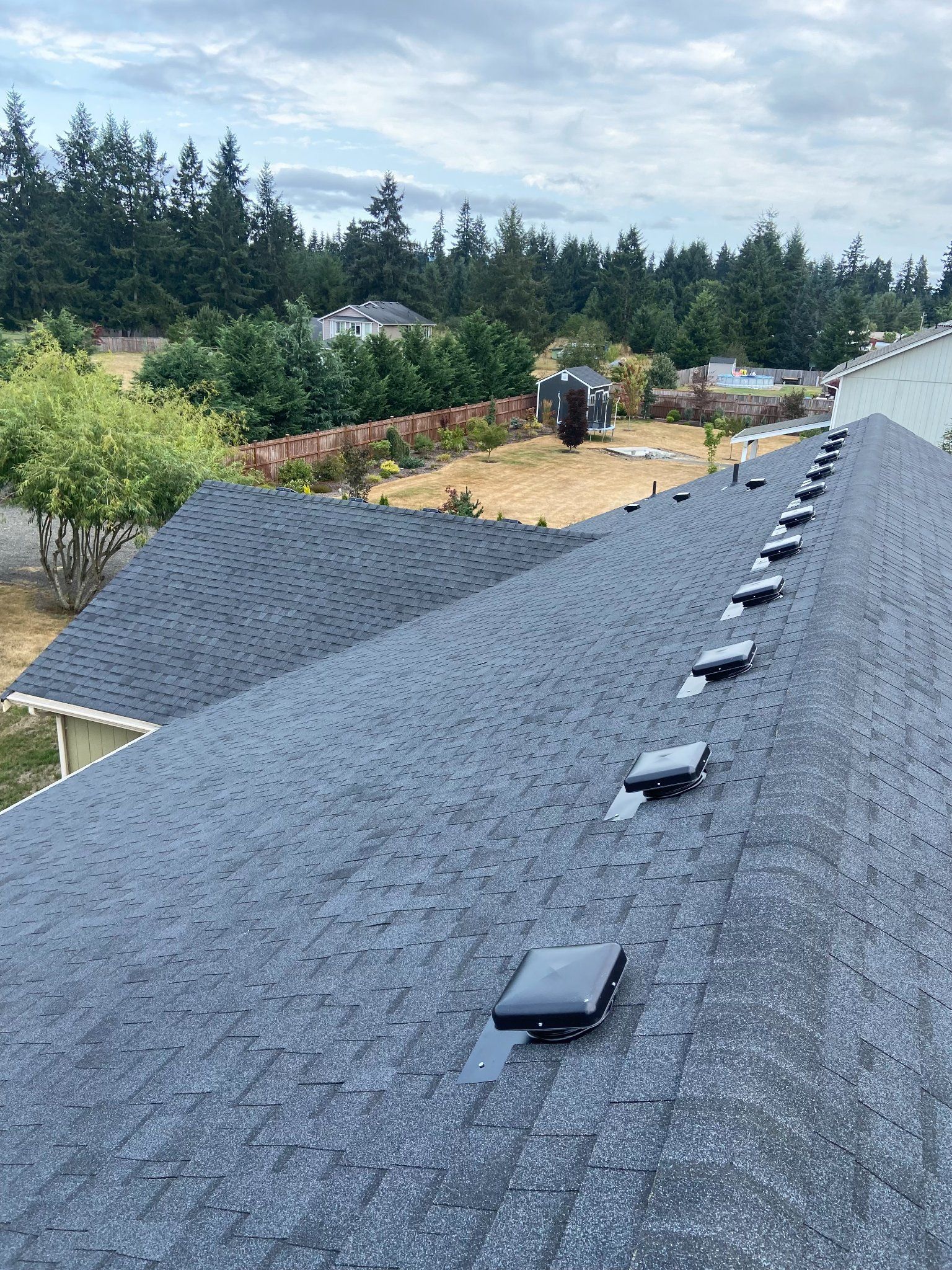 Dark gray shingled roof with multiple vents; view of trees and yard on a cloudy day.
