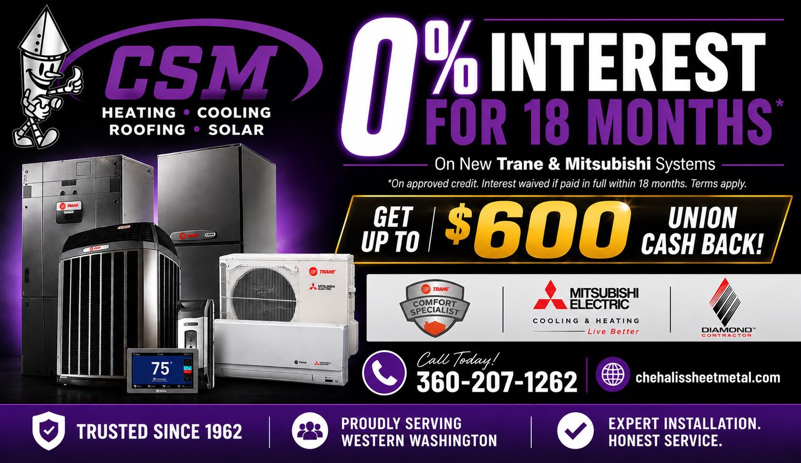 CSM HVAC ad with 0% interest for 18 months and up to $600 cash back, featuring AC and furnace units.