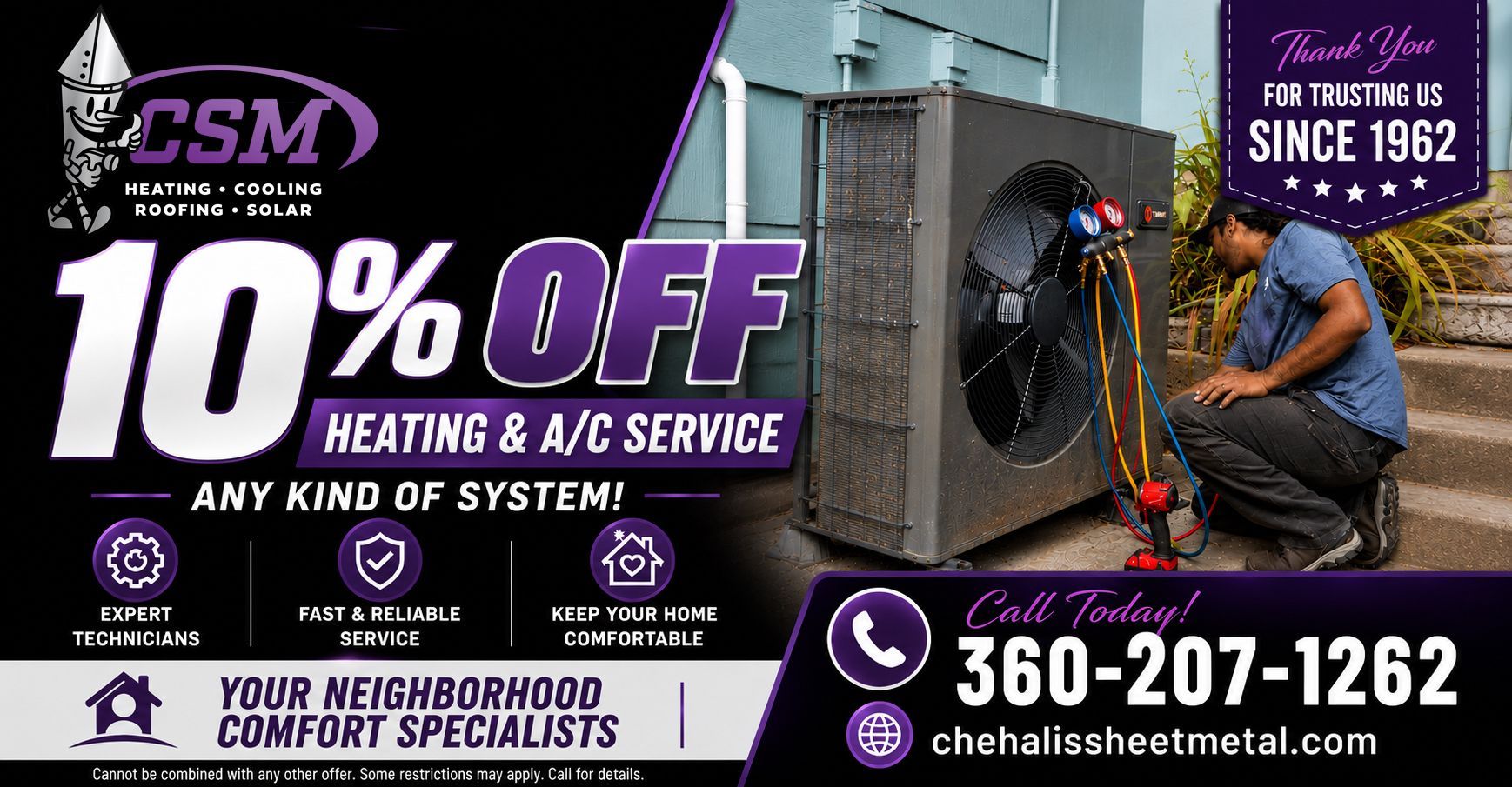 Purple HVAC service ad: 10% off heating & A/C, technician working on unit, phone 360-207-1262