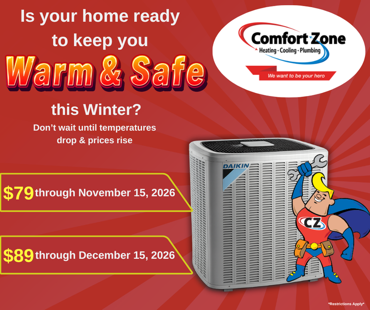 Comfort Zone HVAC ad with red background, heater, and winter tune-up pricing for $79 or $89.