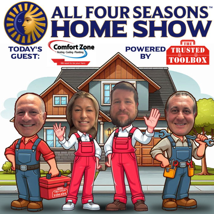 Four Seasons Home Show ad with four cartoon contractors posing in front of a house, holding tools and waving