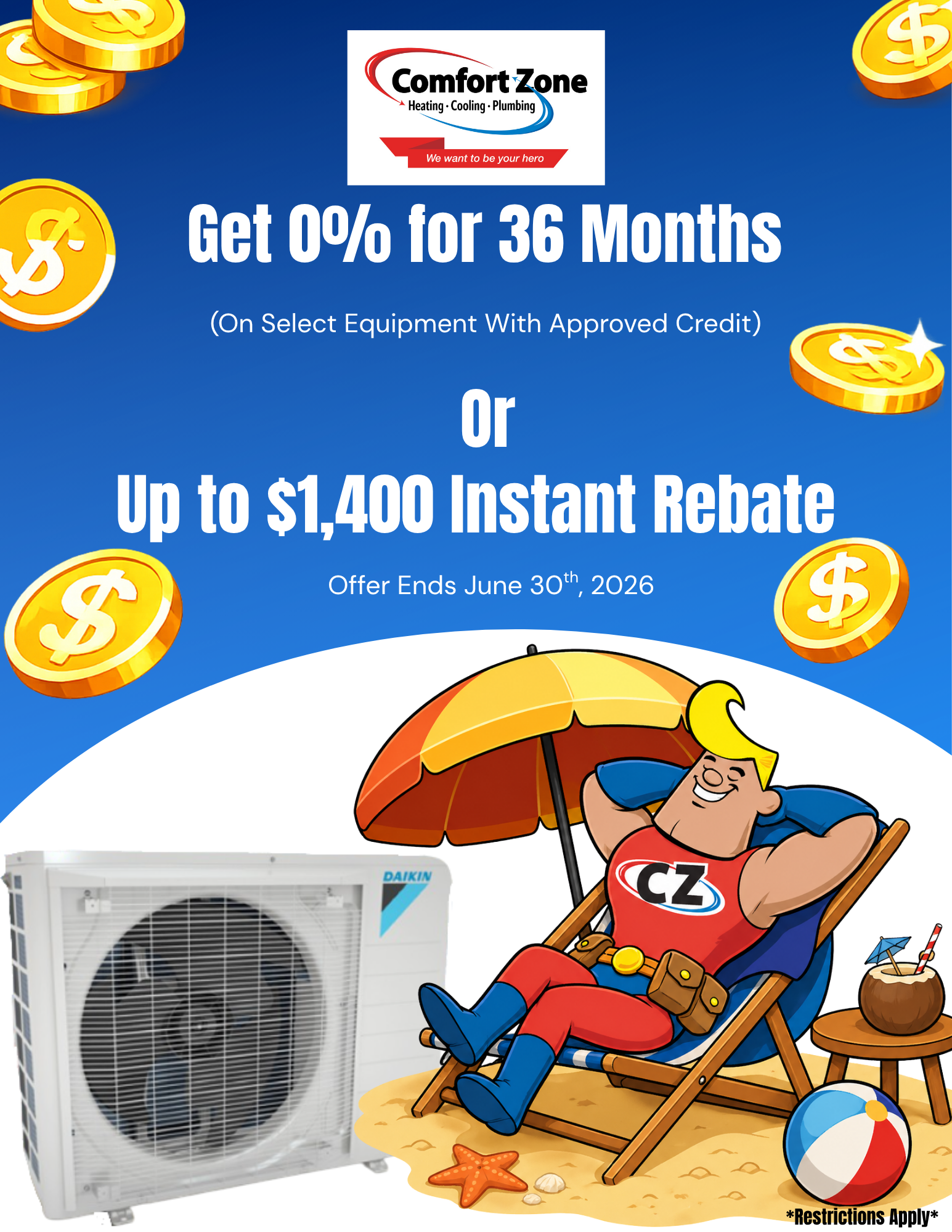 Comfort Zone AC ad with 0% financing, $1,400 rebate, and a beach cartoon beside an air conditioner