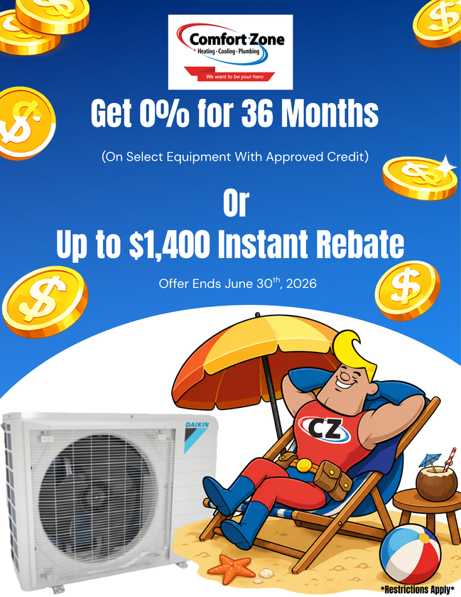 Comfort Zone AC ad with 0% financing, $1,400 rebate, and a beach cartoon beside an air conditioner