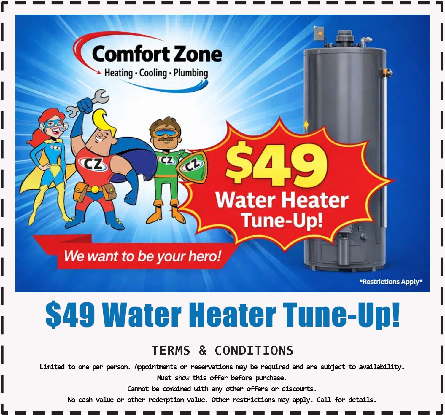 Comfort Zone HVAC ad with cartoon technicians and $49 water heater tune-up offer on a blue background