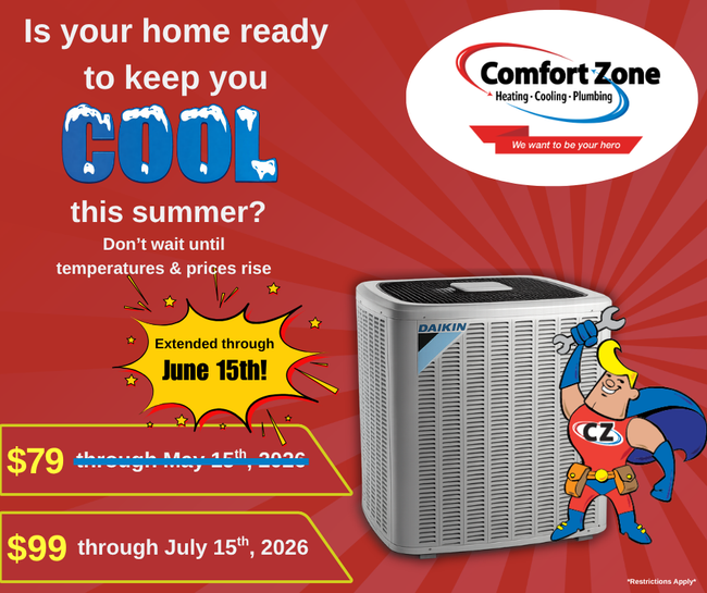 Comfort Zone AC ad with cartoon superhero, air conditioner, and summer cooling specials in red and blue.