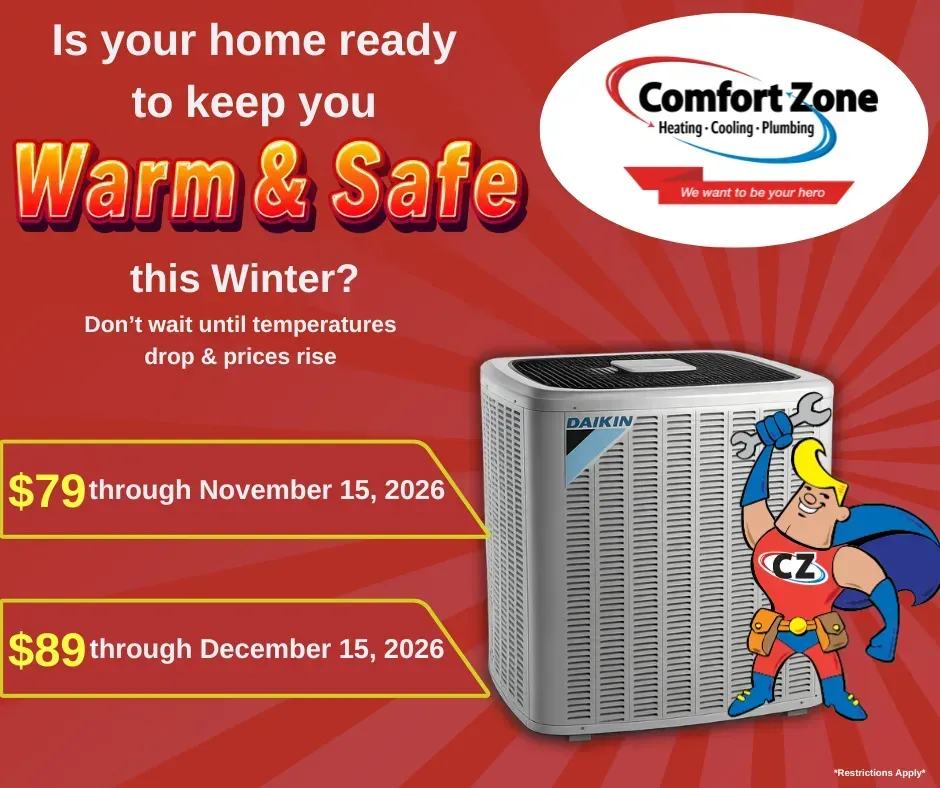 Comfort Zone heating and cooling ad with furnace, red background, and winter tune-up pricing