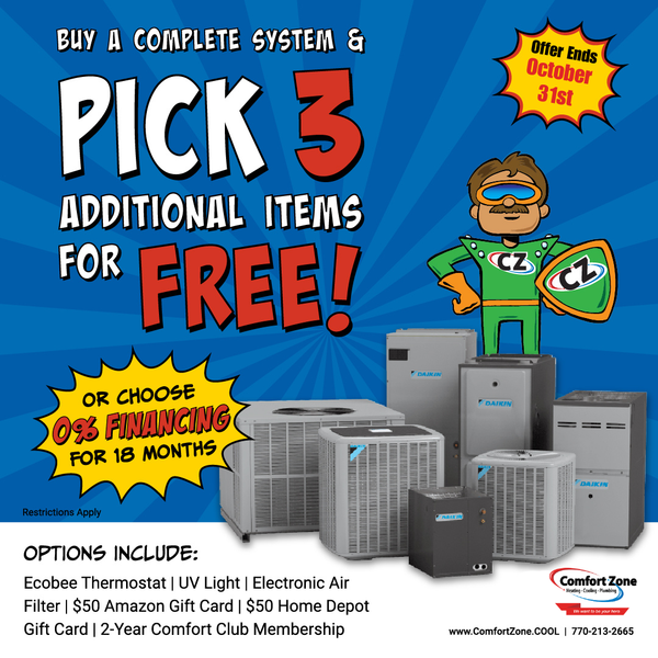 Cartoon HVAC promo: buy a complete system, pick 3 additional items free, with equipment and price badge.