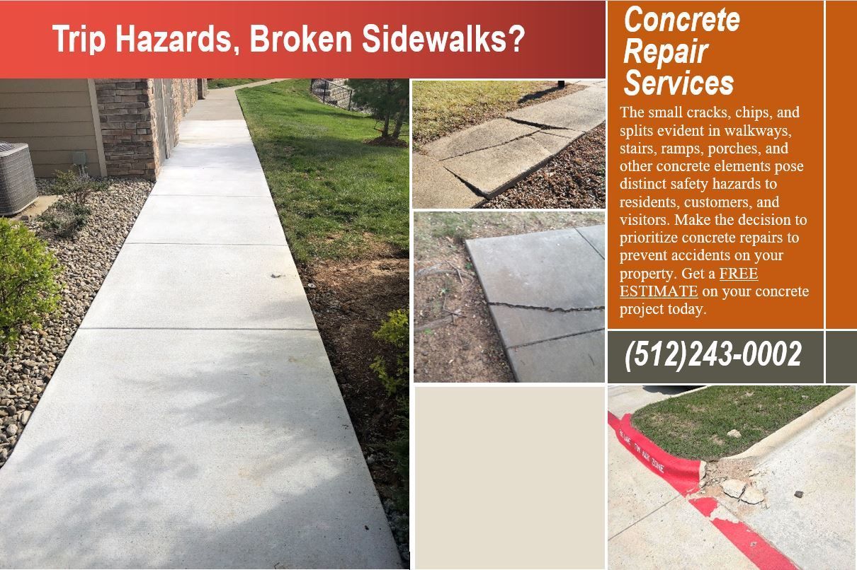 An advertisement for concrete repair services shows a broken sidewalk