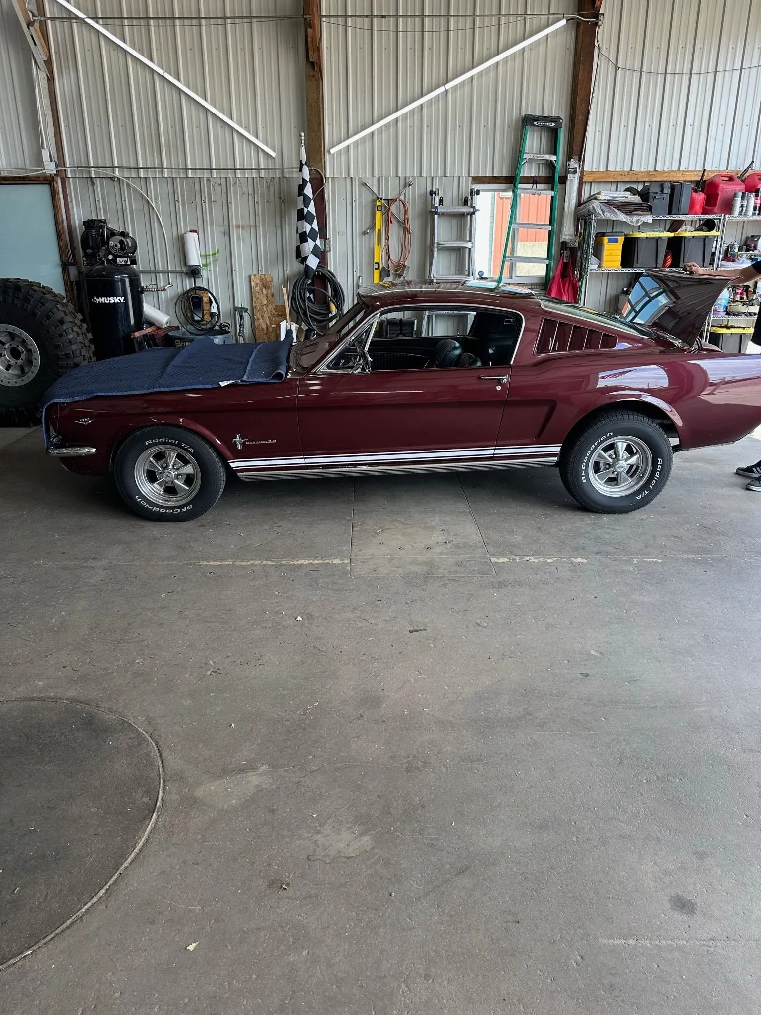 Burgundy classic Mustang in a garage. Chrome wheels, blue hood, white stripe along the side.