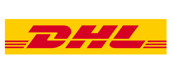 DHL logo with red text and stripes on a yellow background.