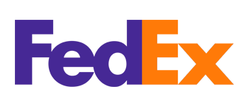 FedEx logo: Purple and orange text; hidden arrow between 