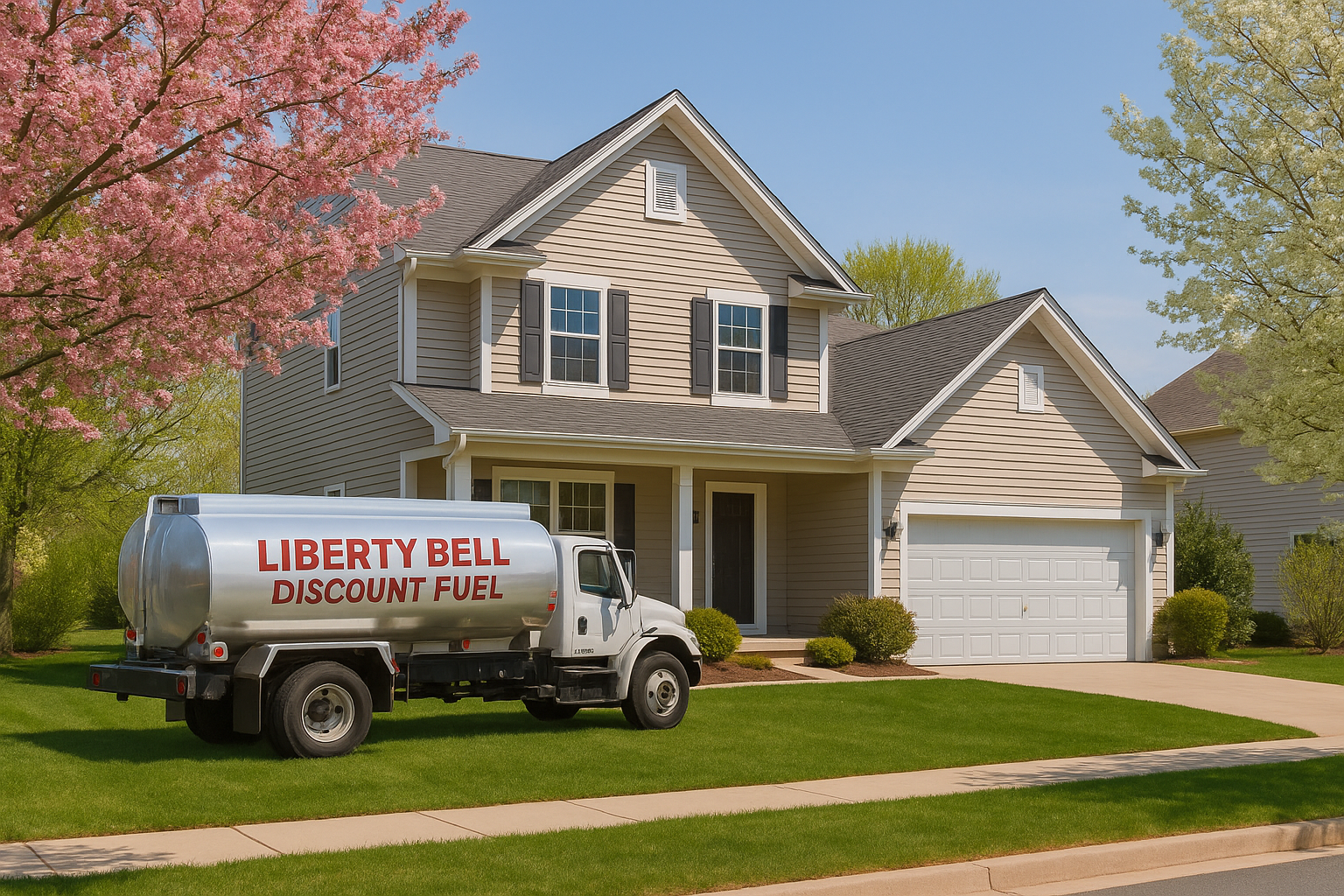 Liberty Bell Discount Fuel truck parked at a suburban home in spring in Delaware County, PA.

