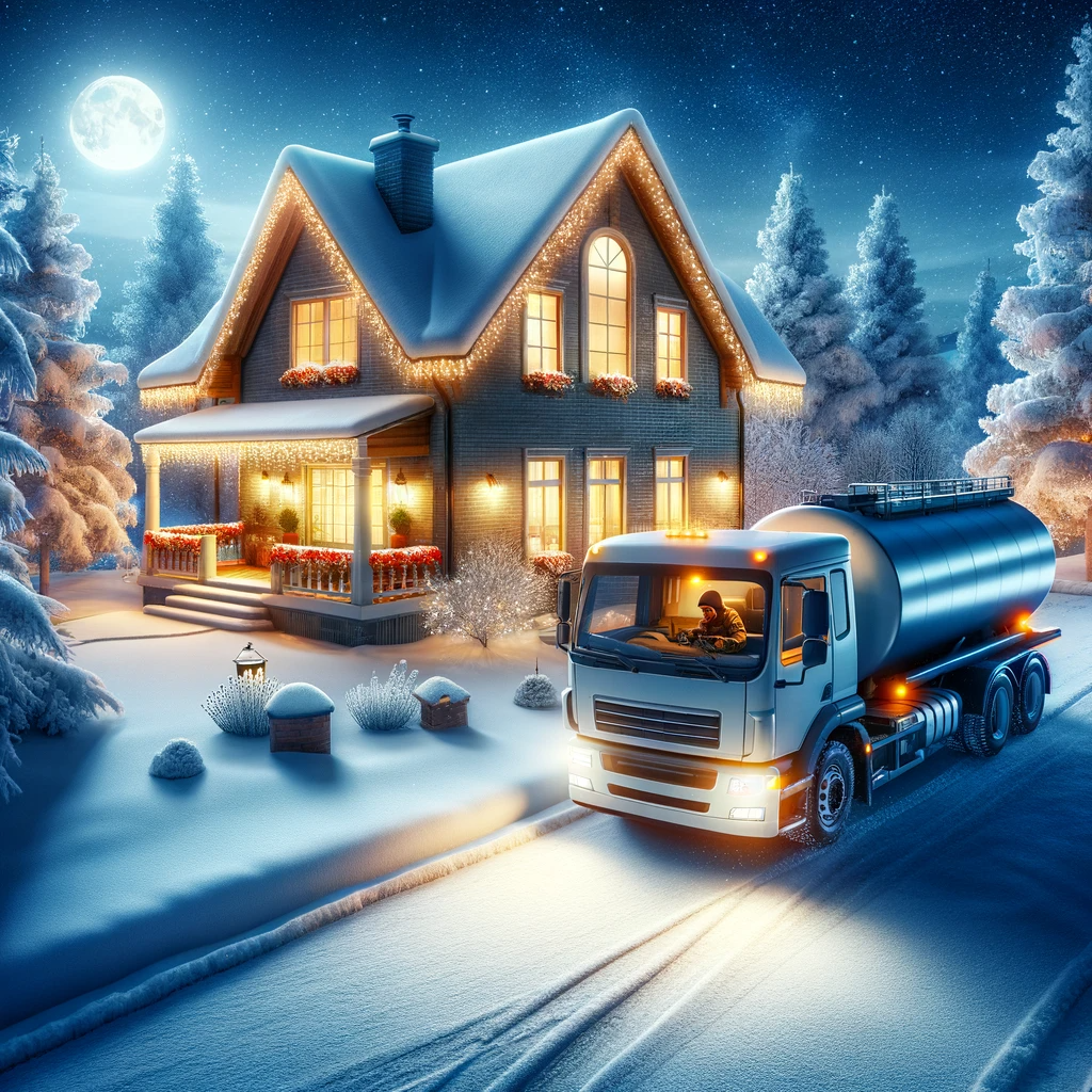 Liberty Bell Discount Fuel truck delivering emergency heating oil on a snowy winter evening, ensurin