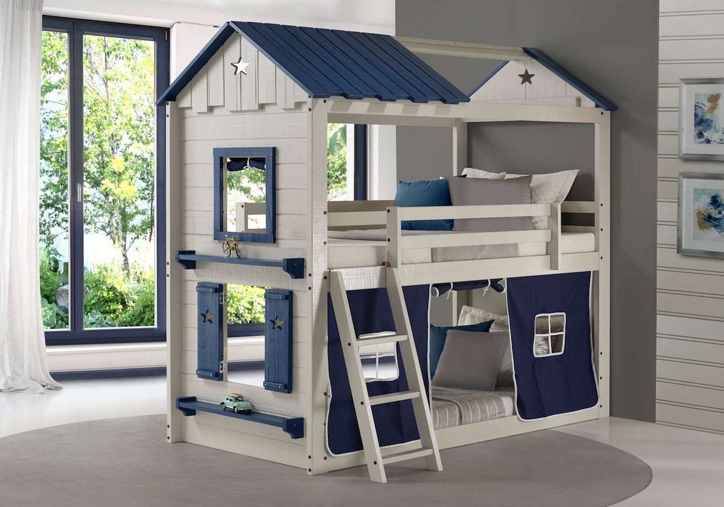 White and blue cottage-style bunk bed with ladder and window cutouts; in a bedroom setting.