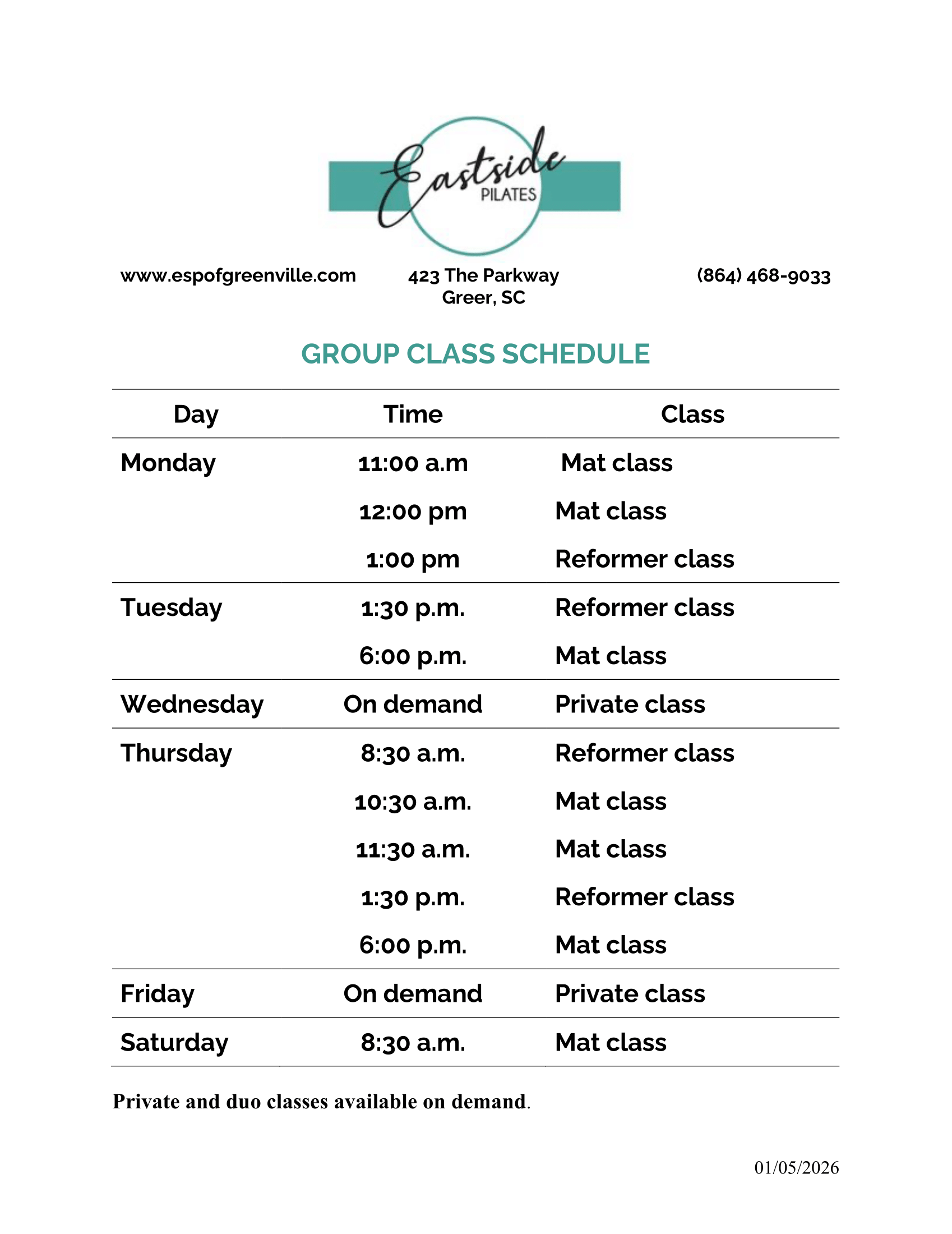 Group class schedule: days, times, and class types listed for Eastside Yoga.
