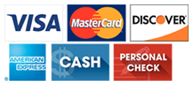 Visa, MasterCard, Discover, American Express, Cash, Personal Check