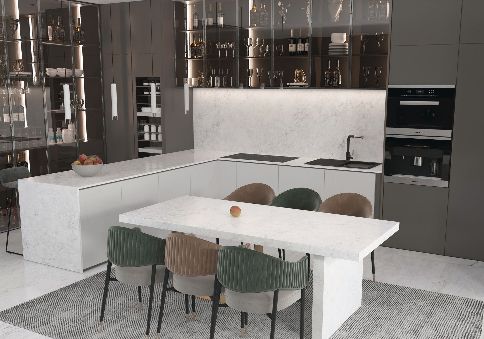 Modern kitchen and dining area with white island, dark cabinets, and a table with chairs on a patterned rug