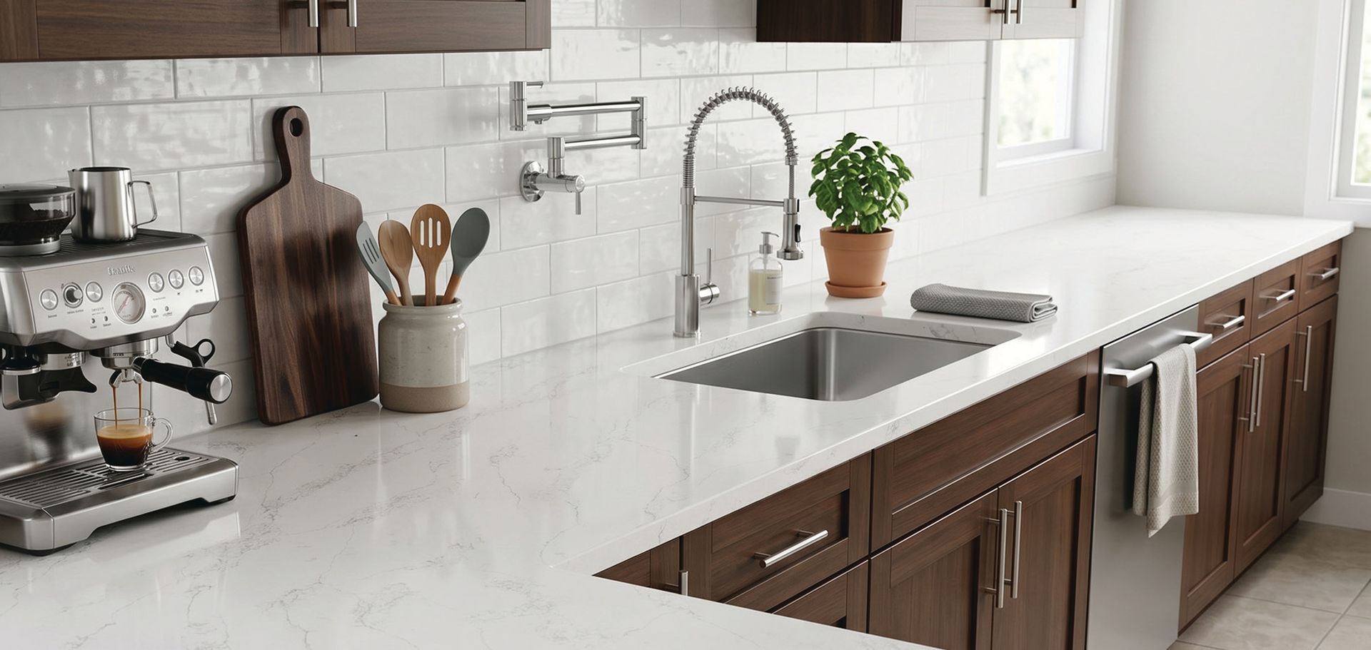 Modern kitchen with white countertops, brown cabinets, sink, stove, and small decor items
