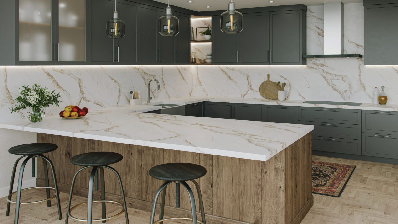 Modern kitchen with marble island, three stools, dark cabinets, and pendant lights