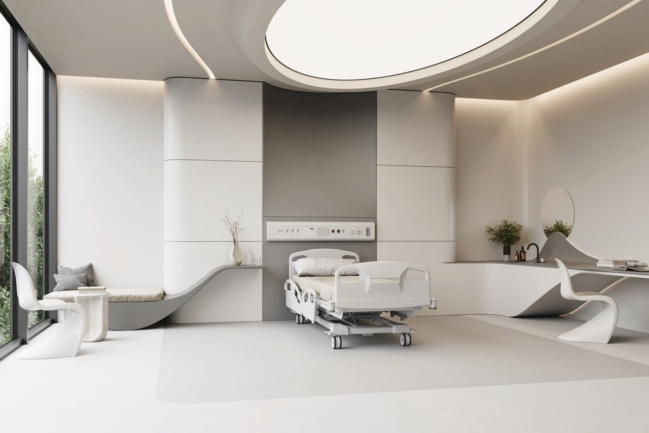 Modern white hospital room with a bed, curved ceiling light, and minimalist furniture