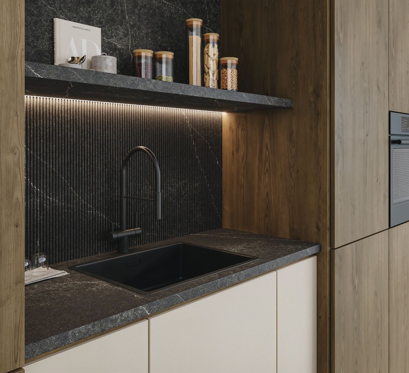 Modern kitchen sink nook with black countertop, matte black faucet, under-shelf lighting, and wood paneling