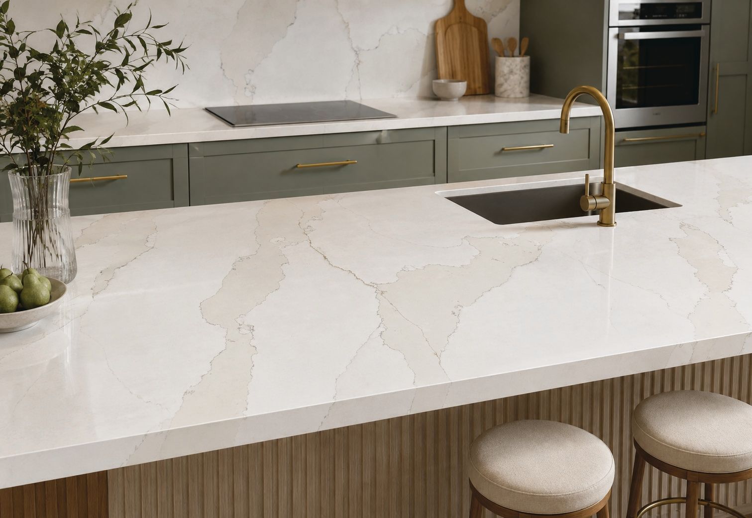 Modern kitchen with white marble island, brass faucet, built-in oven, and two stools