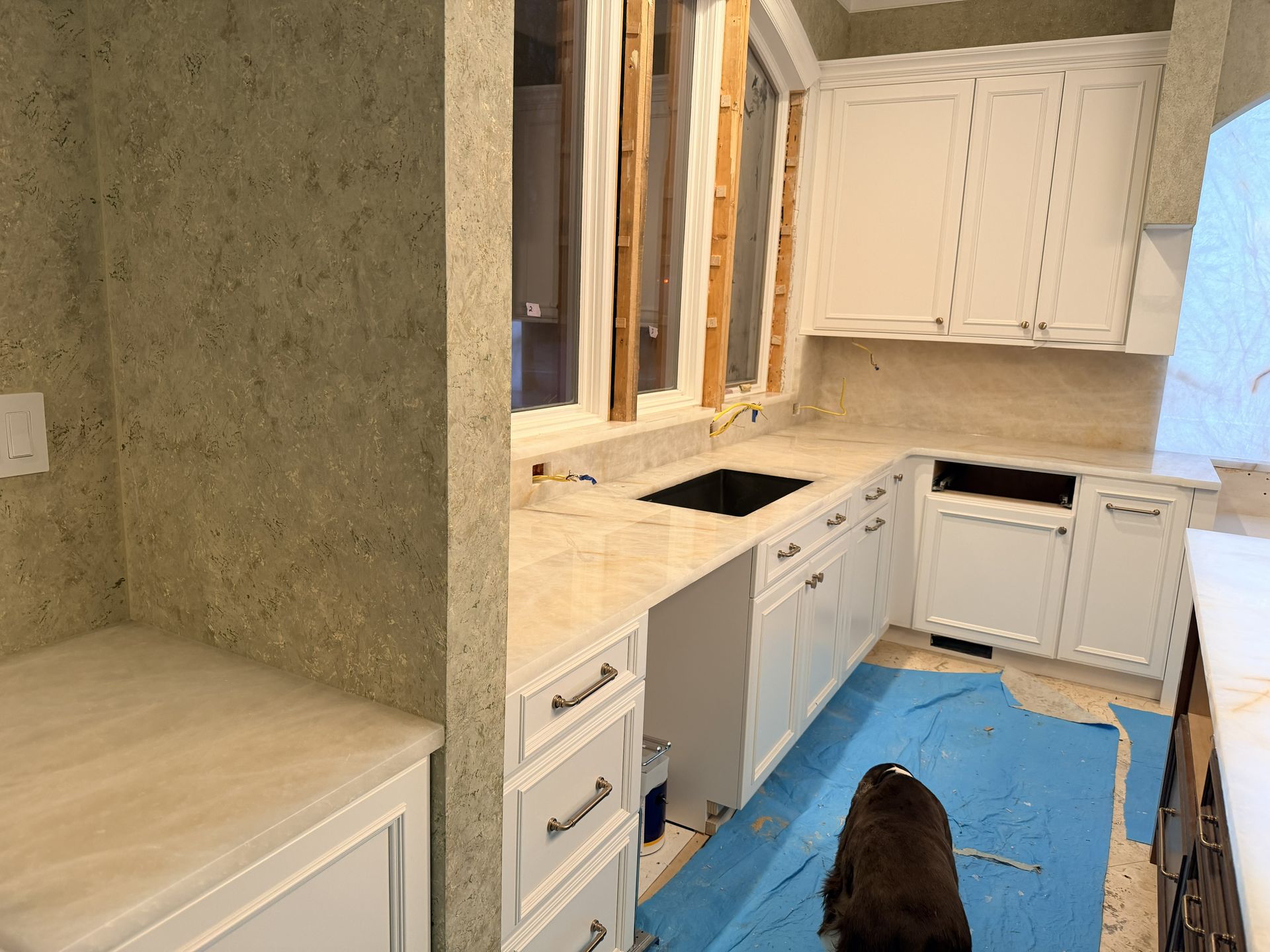 Renovated kitchen with white cabinets, blue floor covering, and a dog standing near the center.