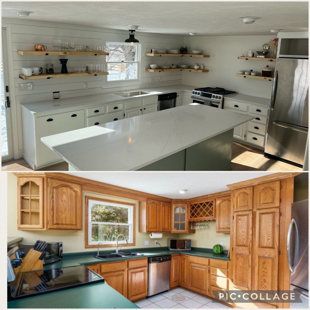 Two side-by-side kitchen remodel photos, showing white and wood cabinets with islands and countertops.