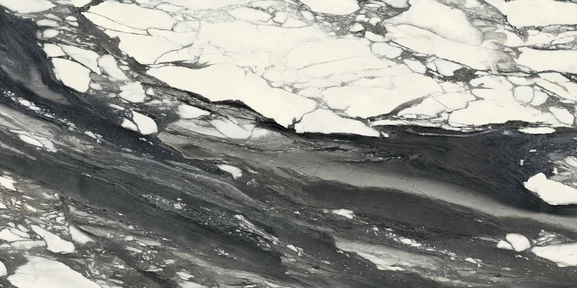 Black and white slab with dramatic gray veining and cloudy white patterns