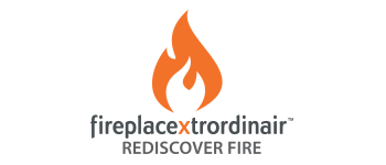A logo for fireplace extraordinair rediscover fire