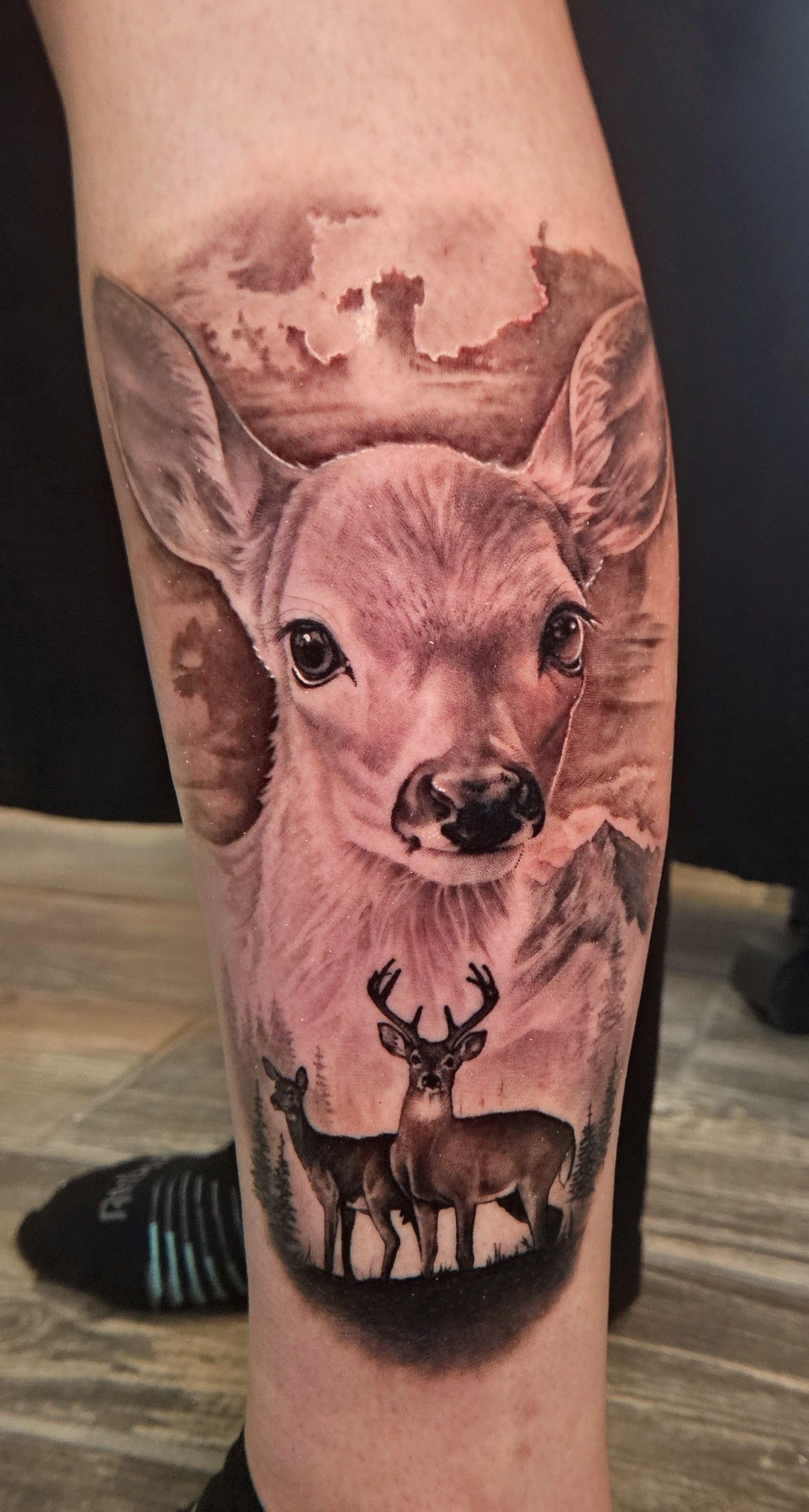 Forearm tattoo of a deer face with antlers and a forest scene in black and gray.
