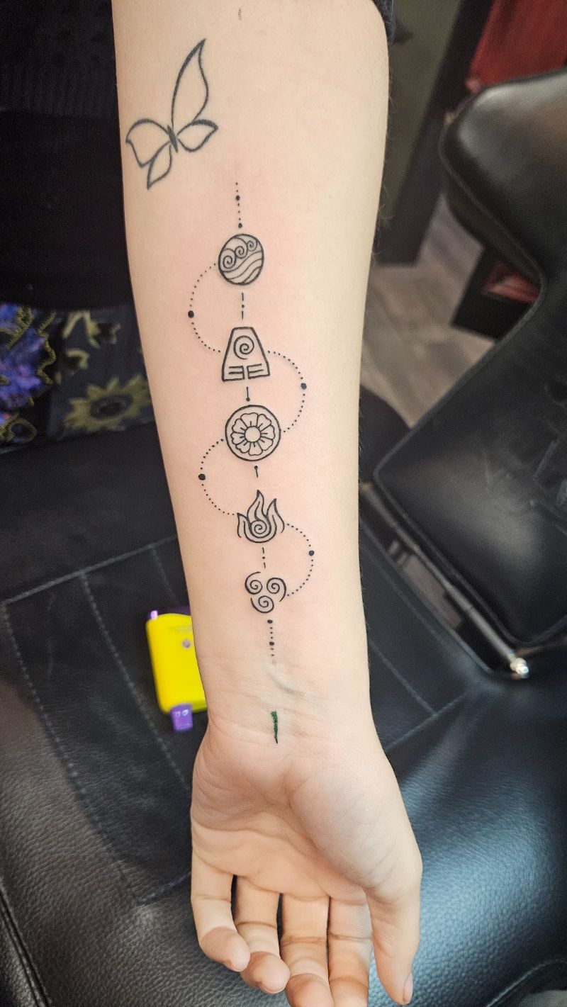 A person has a tattoo of a butterfly on their forearm