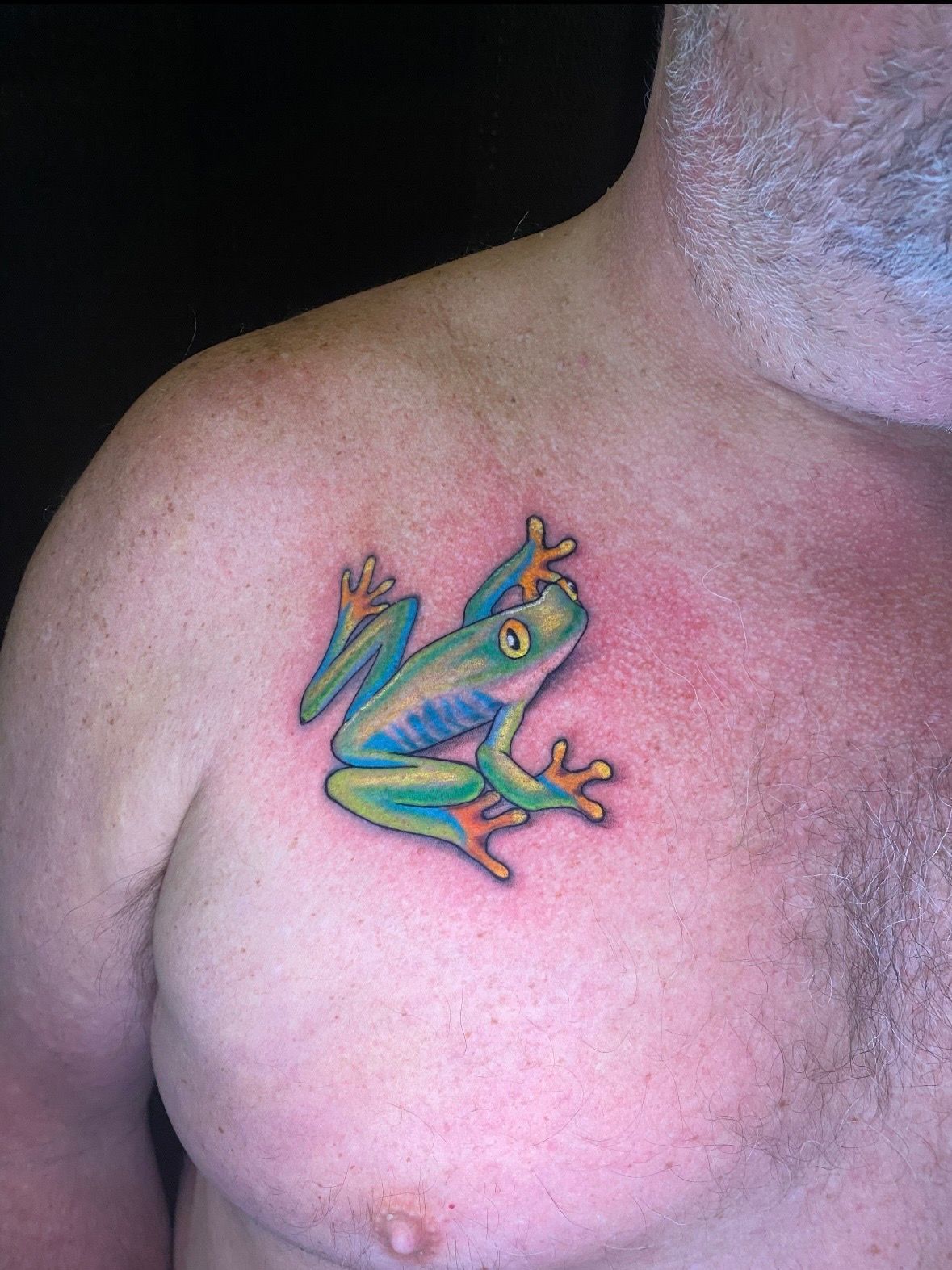 Colorful frog tattoo on a man's chest. Green, blue, and orange frog, red skin around it.