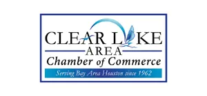 Clear Lake Area Chamber of Commerce logo with blue arch over text, blue text on white.