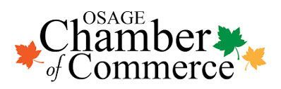 Osage Chamber of Commerce logo with text and three colorful maple leaves.