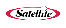 Satellite logo: Black text in red oval, white circle above