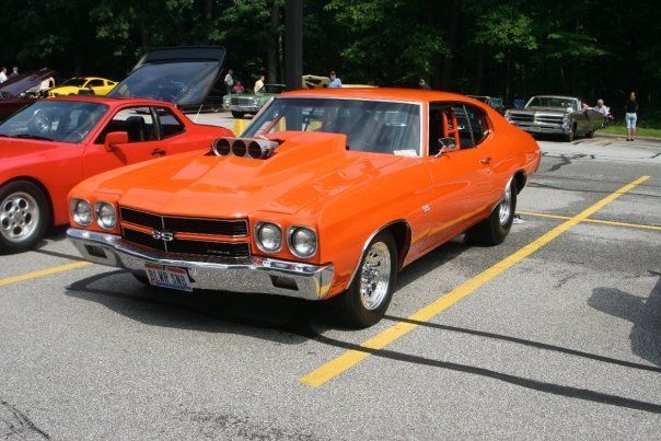 An orange car with a hood scoop is parked in a parking lot