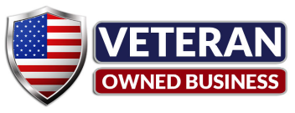 A veteran owned business logo with an american flag on a shield.