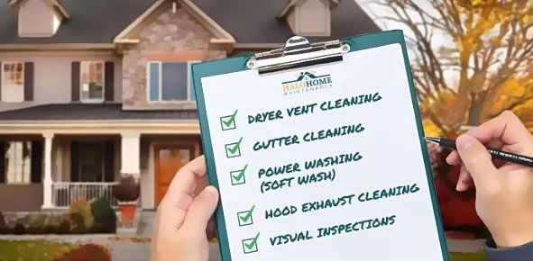 A person is holding a clipboard with a checklist on it in front of a house.