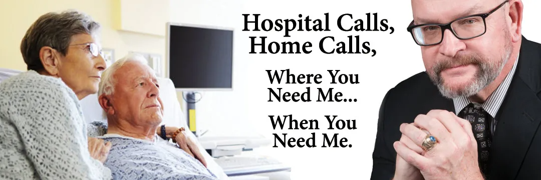 Man in glasses, elderly patient, woman near patient, text about hospital/home calls.