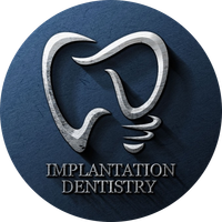 Logo for implantation dentistry: a tooth-shaped design resembling a lightbulb on a blue textured background.