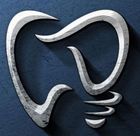 Silver dental logo on a dark blue background. The logo depicts a tooth and a light bulb.