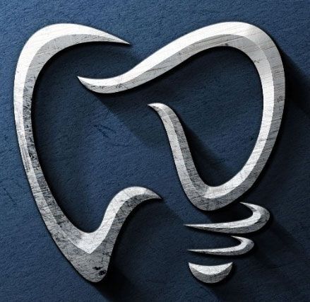 Silver dental logo on a dark blue background. The logo depicts a tooth and a light bulb.