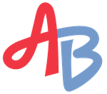 A red and blue ab logo on a white background