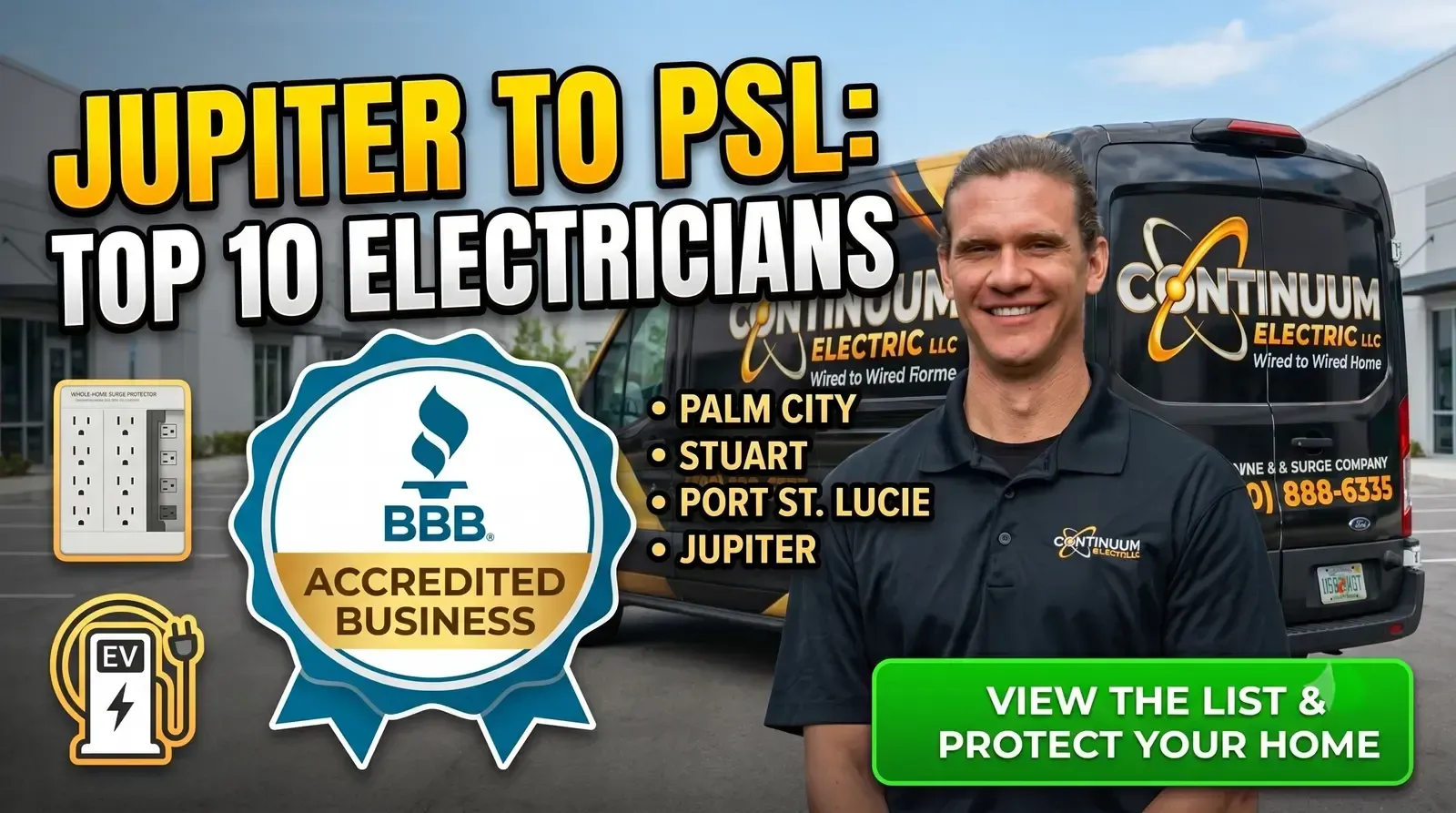 Jupiter to PSL: top 10 electricians ad with smiling man, BBB badge, and green “view the list” button