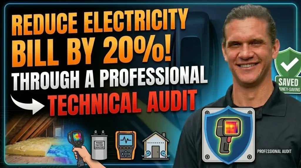 Thumbnail with text “Reduce electricity bill by 20%” and smiling man, plus home energy icons and checkmark badge